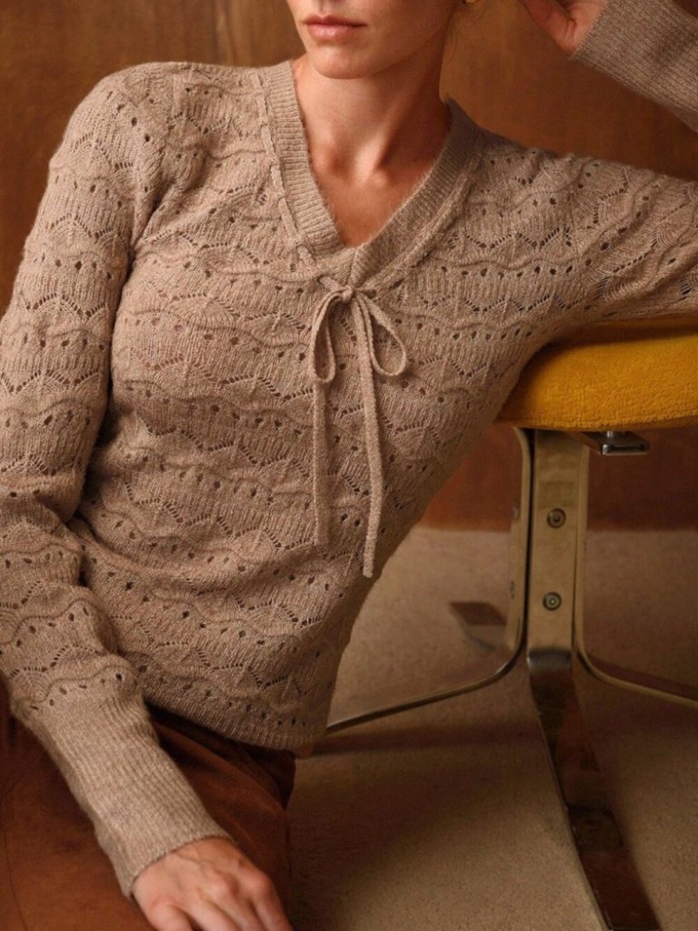 Tan Pointelle Knit Tie Neck V Sweater